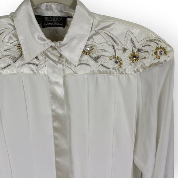 XS/S Vintage Erena by Irene Koenig Satin Blouse Ivory Embellished Yoke - Picture 11 of 16